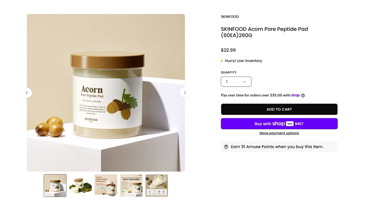 韓國 SKINFOOD 橡果多肽緊緻毛孔護理棉片 (下單+1=3個)